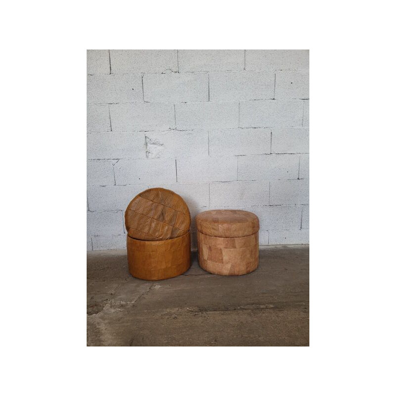 Vintage pouffe with cognac leather patchwork chest by De Sede