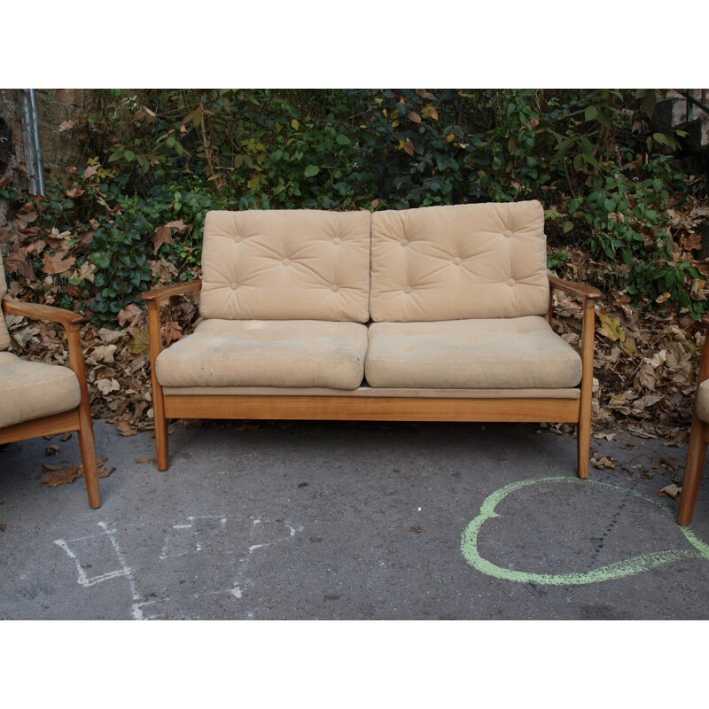 Beige 2-seater sofa in fabric and wood, Eugen SCHMIDT - 1960s