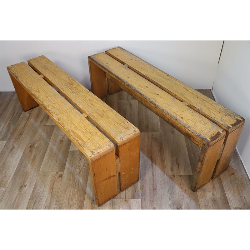 Pair of vintage benches in natural pine by Charlotte Perriand for Les Arcs, 1960