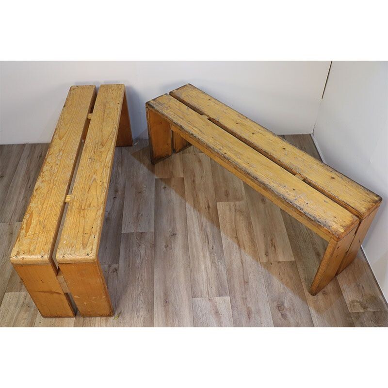 Pair of vintage benches in natural pine by Charlotte Perriand for Les Arcs, 1960