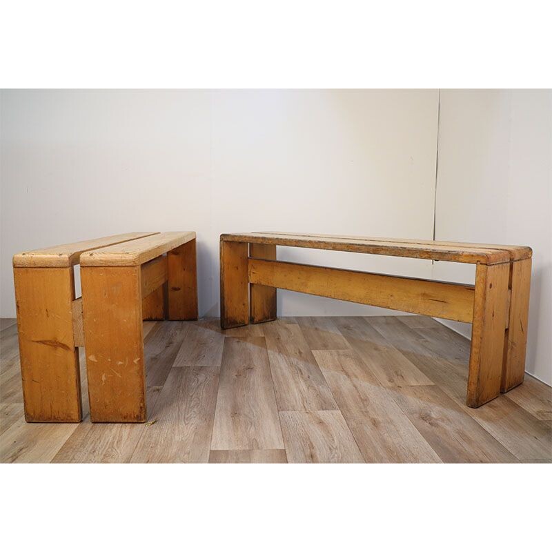 Pair of vintage benches in natural pine by Charlotte Perriand for Les Arcs, 1960