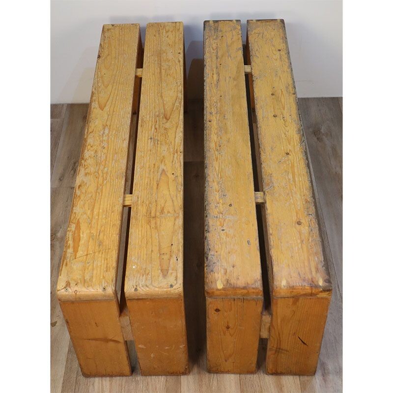 Pair of vintage benches in natural pine by Charlotte Perriand for Les Arcs, 1960