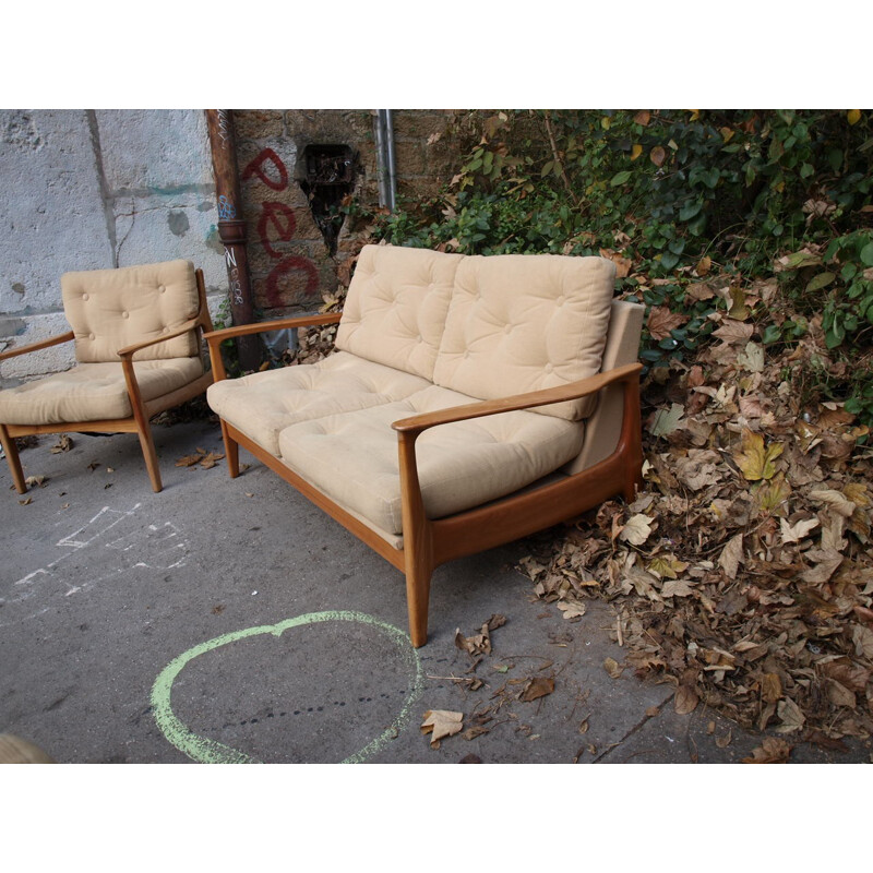 Beige 2-seater sofa in fabric and wood, Eugen SCHMIDT - 1960s