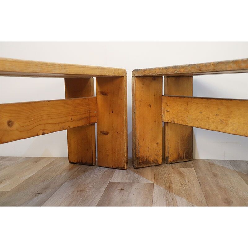 Pair of vintage benches in natural pine by Charlotte Perriand for Les Arcs, 1960