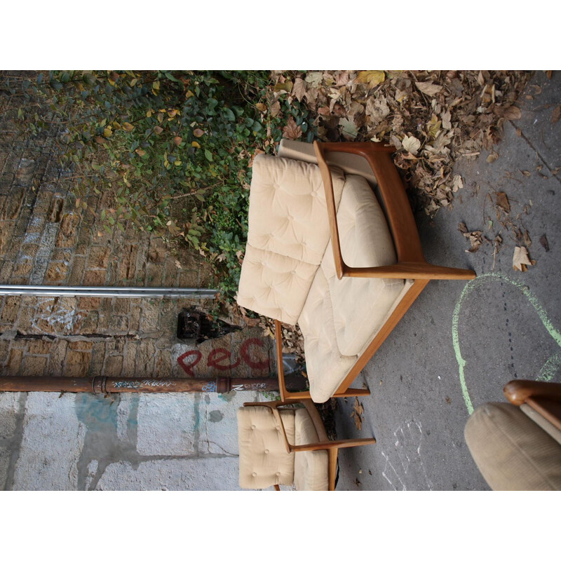 Beige 2-seater sofa in fabric and wood, Eugen SCHMIDT - 1960s