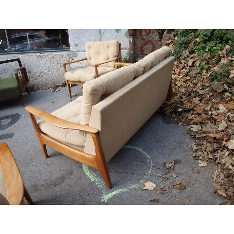 Beige 2-seater sofa in fabric and wood, Eugen SCHMIDT - 1960s