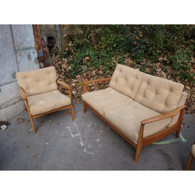 Beige 2-seater sofa in fabric and wood, Eugen SCHMIDT - 1960s