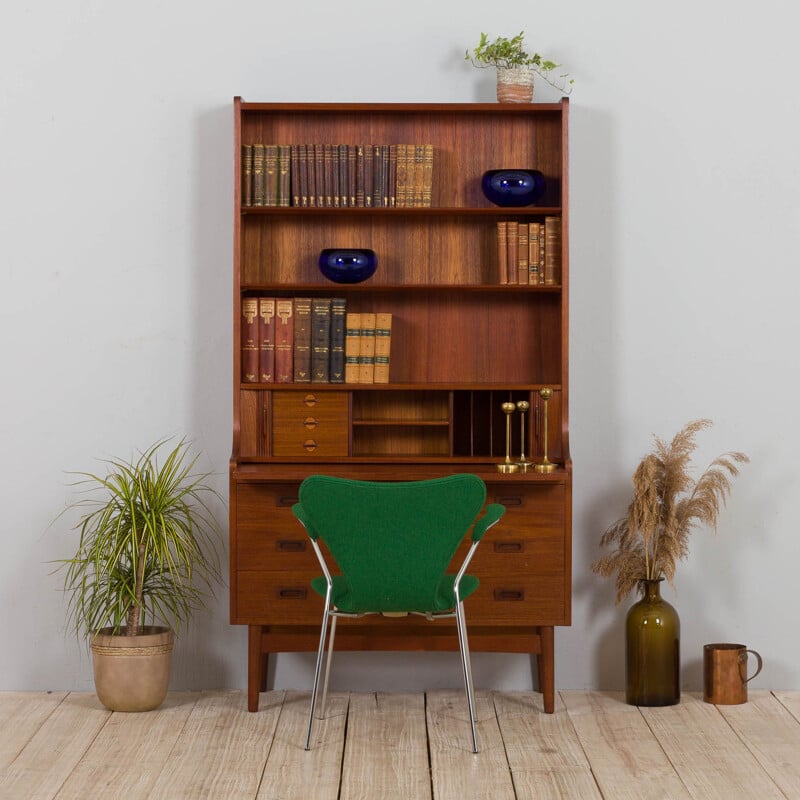 Danish vintage teak bookcase with drawers and tambour doors by Johannes Sorth, 1960s