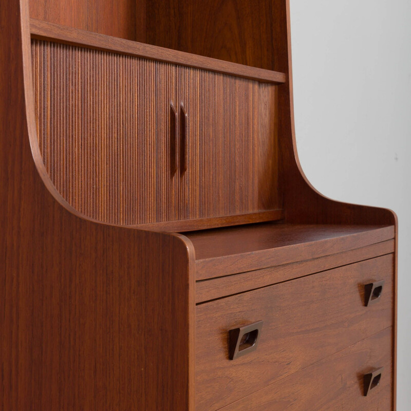 Danish vintage teak bookcase with drawers and tambour doors by Johannes Sorth, 1960s