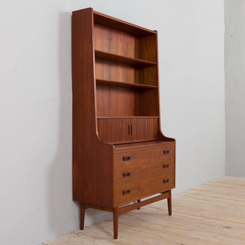 Danish vintage teak bookcase with drawers and tambour doors by Johannes Sorth, 1960s