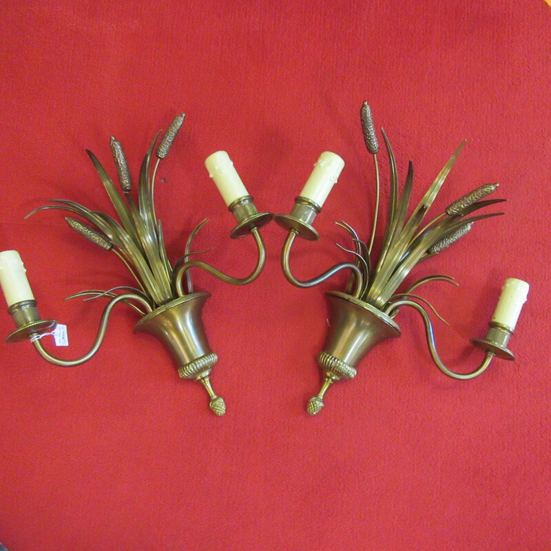 Paar vintage koperen wandlampen model Roseaux van Maison Charles