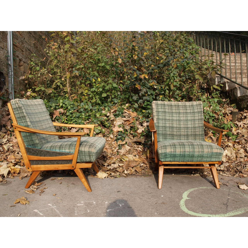 Mid-century armchair in green velvet and wood - 1950s