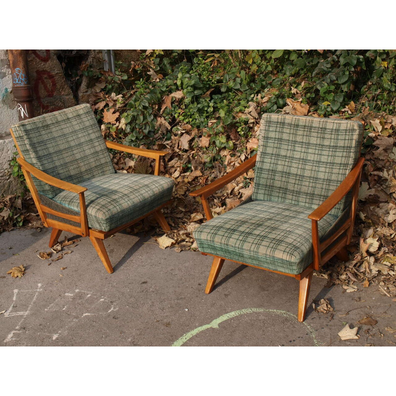 Fauteuil vintage en velours vert et bois - 1950