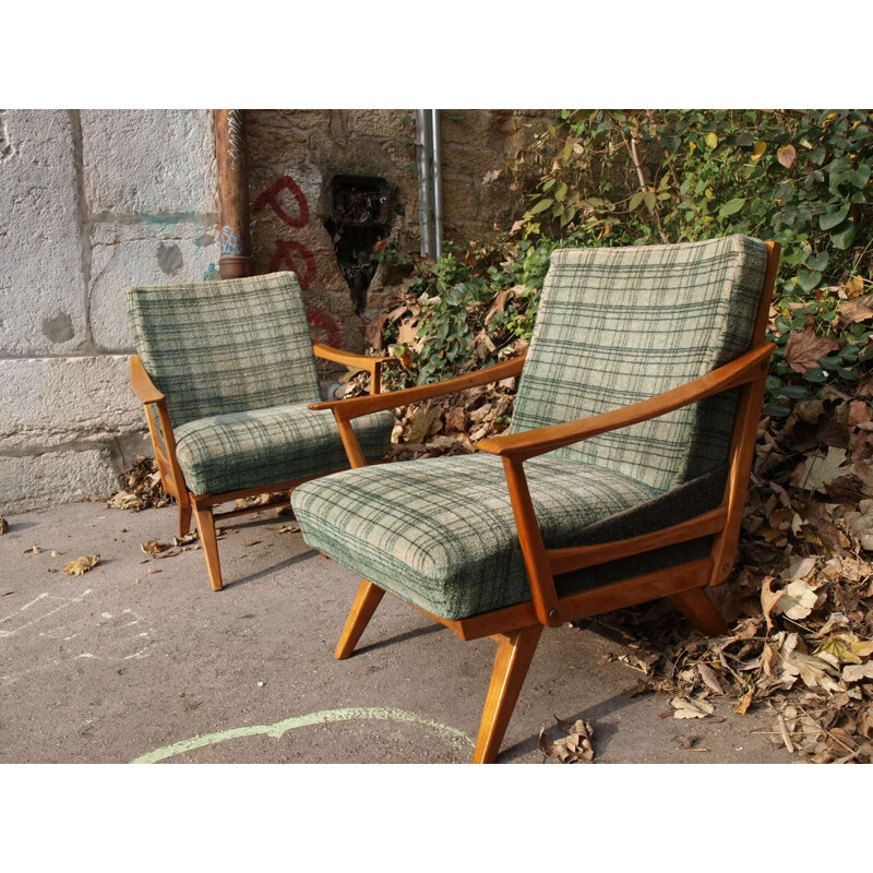 Fauteuil vintage en velours vert et bois - 1950