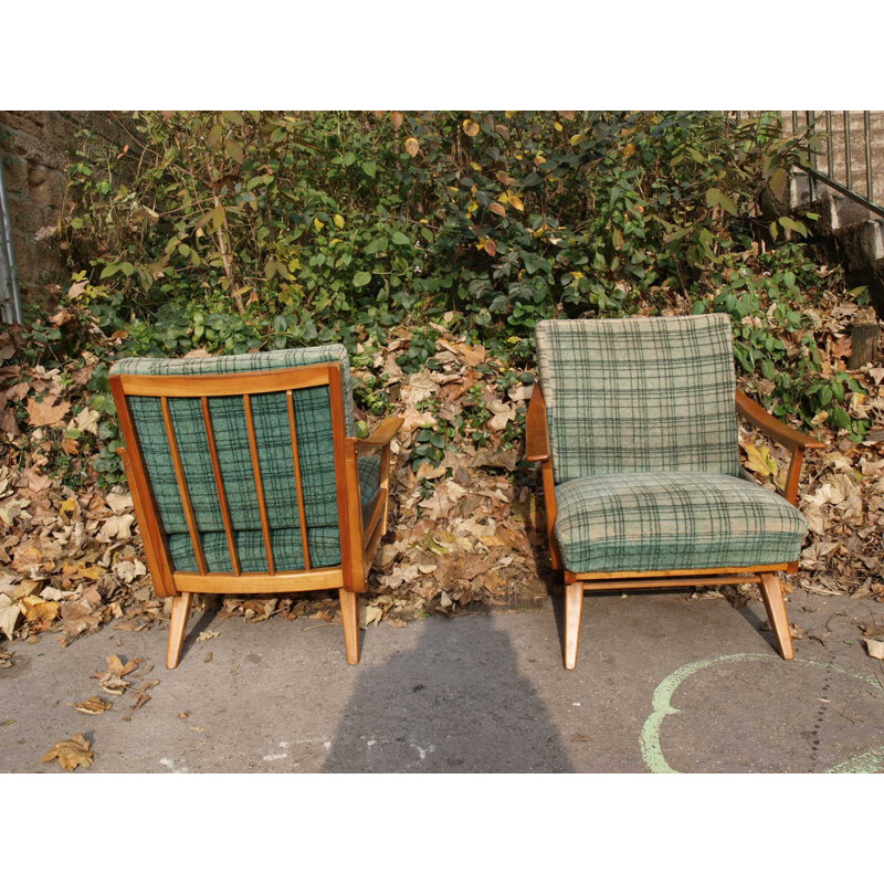 Fauteuil vintage en velours vert et bois - 1950