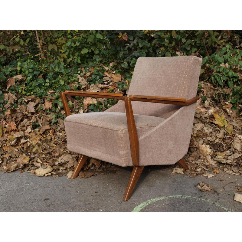 Dusky pink armchair in velvet and wood - 1950s