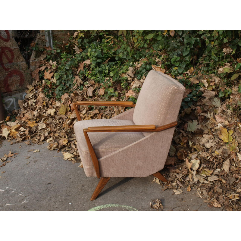 Dusky pink armchair in velvet and wood - 1950s