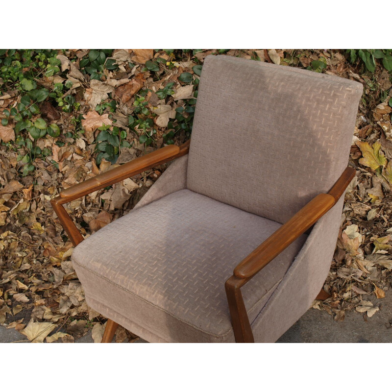 Fauteuil vintage en bois et velours rose - 1950