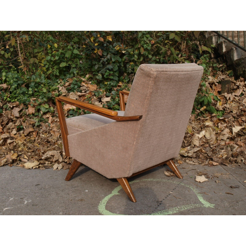 Dusky pink armchair in velvet and wood - 1950s