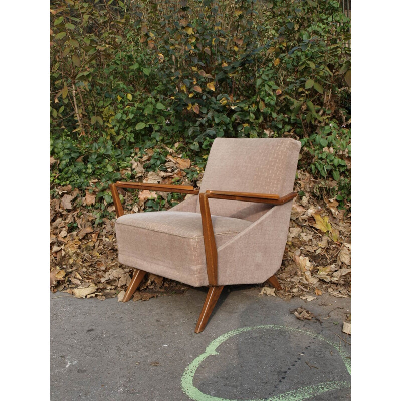 Fauteuil vintage en bois et velours rose - 1950