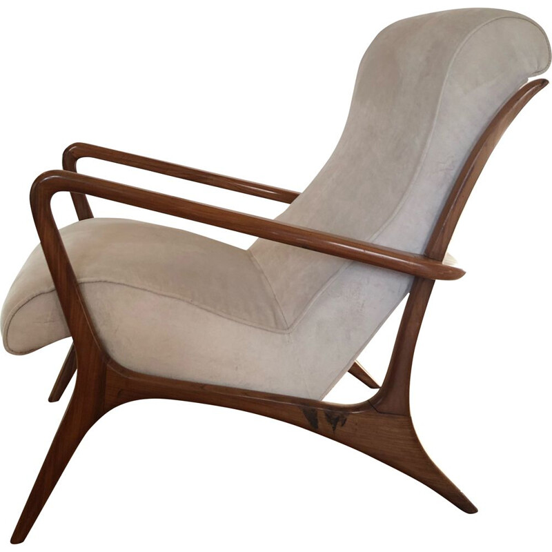 Fauteuil vintage en velours blanc et bois acajou