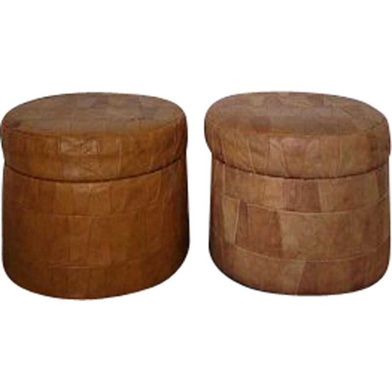 Vintage pouffe with cognac leather patchwork chest by De Sede