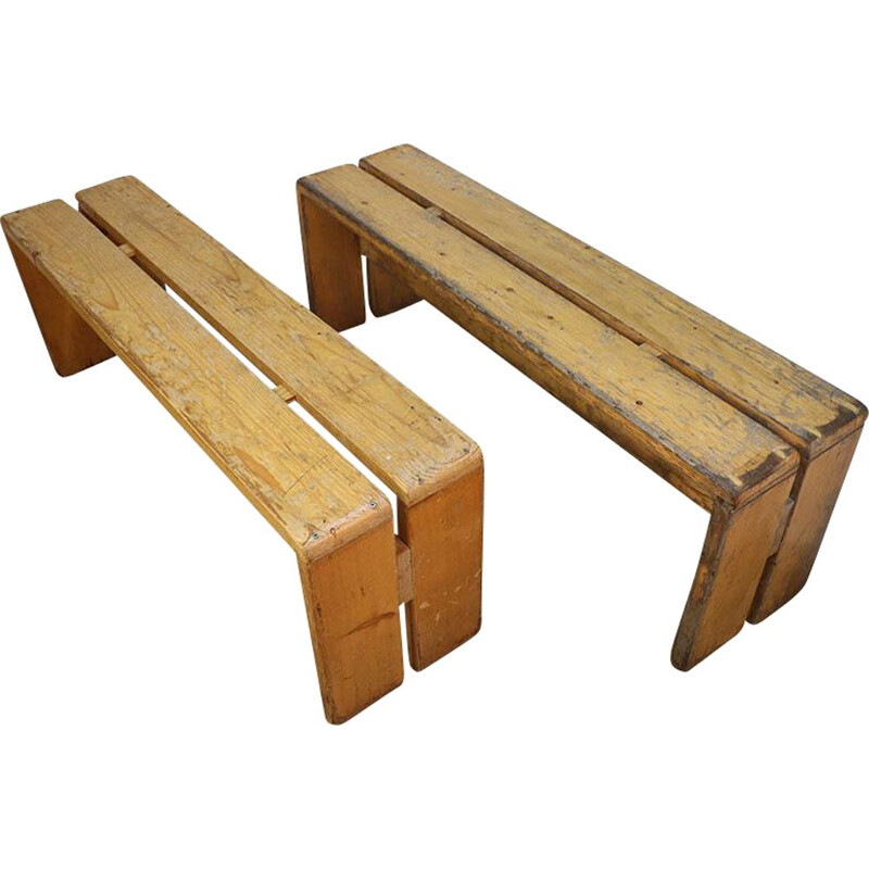 Pair of vintage benches in natural pine by Charlotte Perriand for Les Arcs, 1960