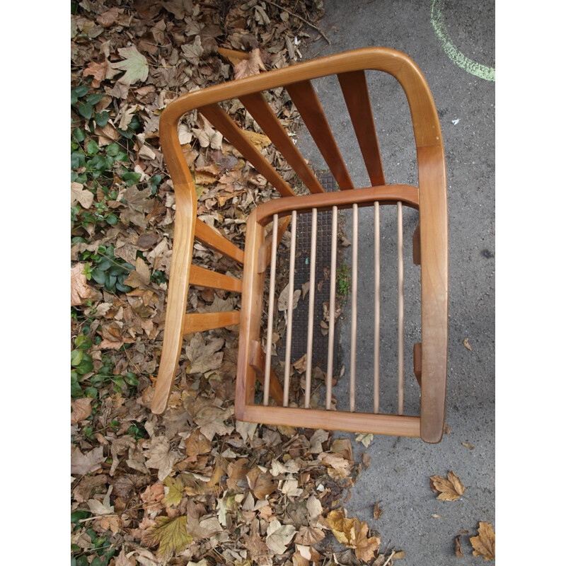 Mid-century armchair in light yellow fabric and wood - 1950s