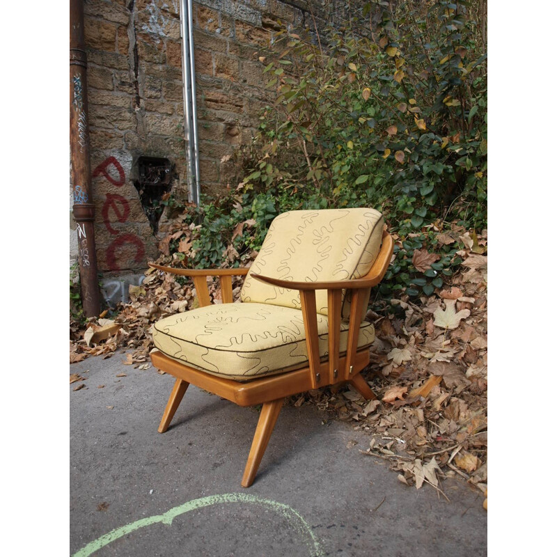 Mid-century armchair in light yellow fabric and wood - 1950s