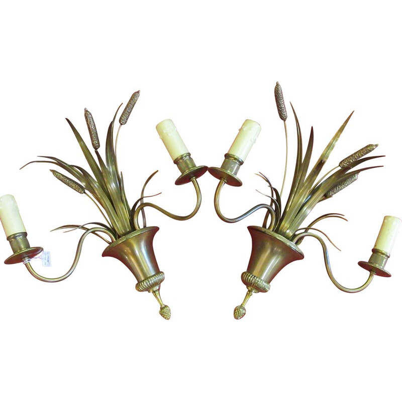Pair of vintage brass sconces model Roseaux by Maison Charles