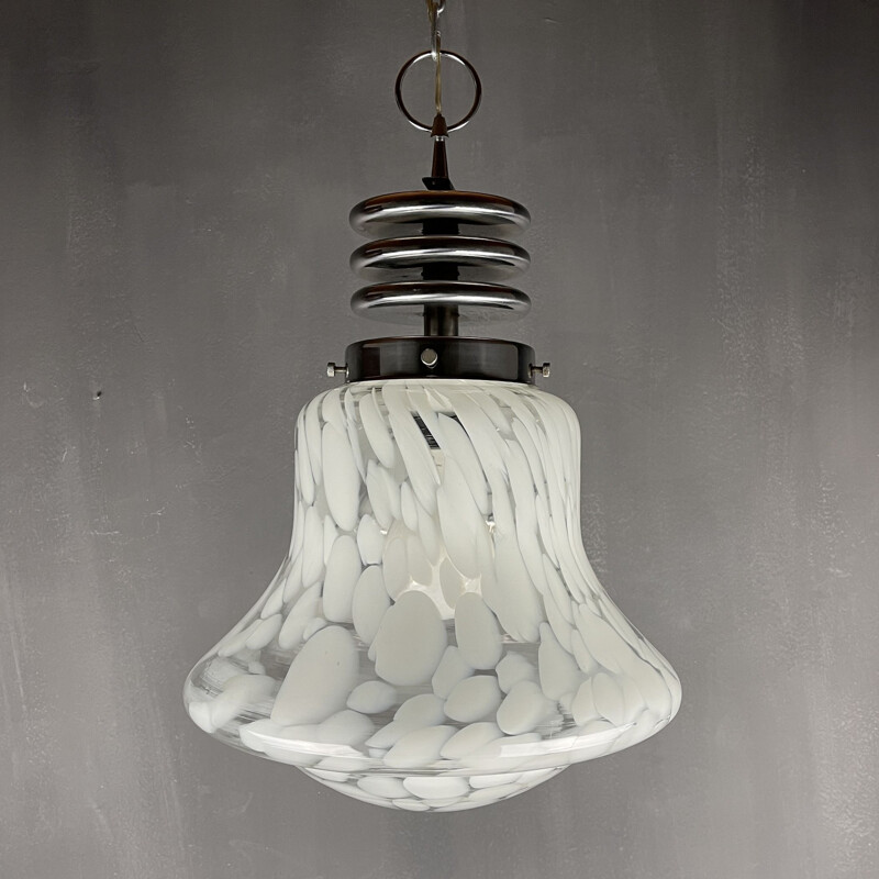 Suspension vintage en verre de murano blanche par Carlo Nason pour Mazzega, Italie 1960