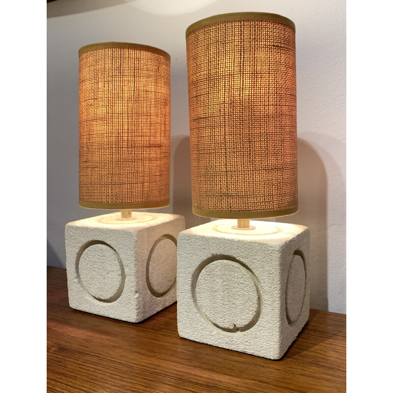 Pair of vintage carved limestone cubic lamps by Albert Tormos, France 1970