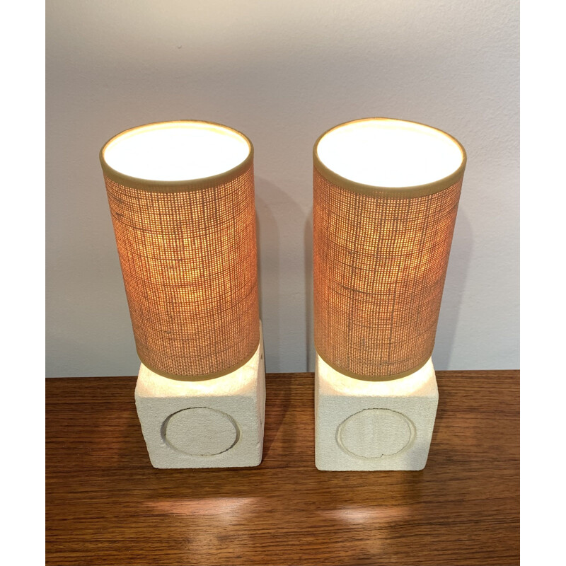 Pair of vintage carved limestone cubic lamps by Albert Tormos, France 1970