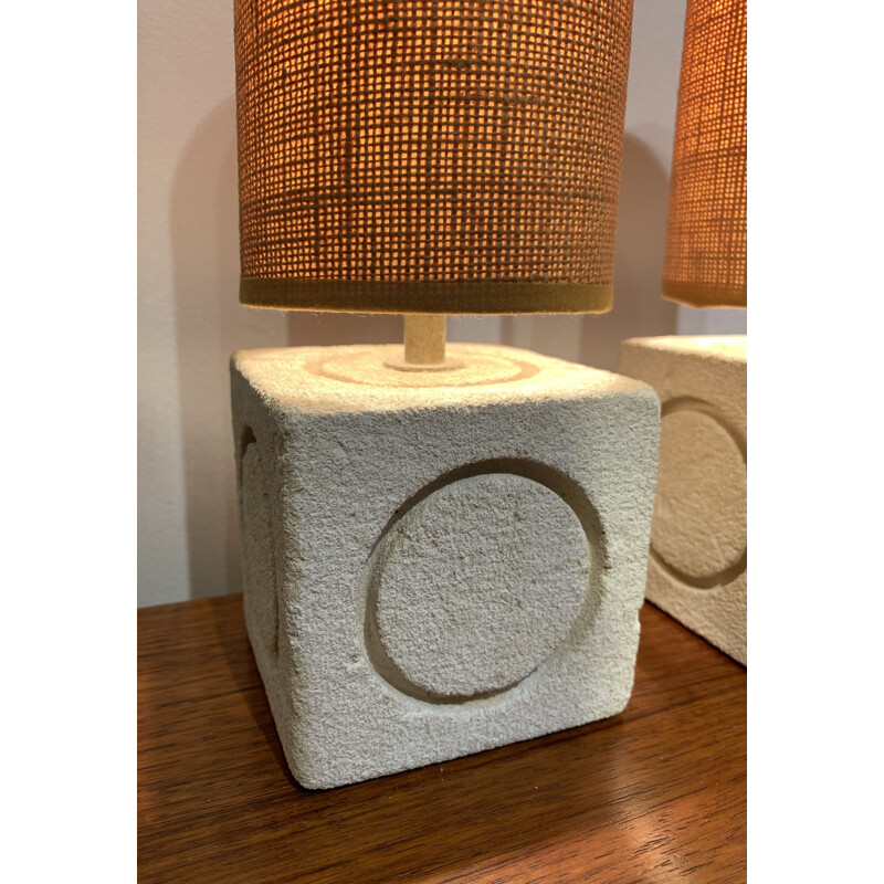 Pair of vintage carved limestone cubic lamps by Albert Tormos, France 1970