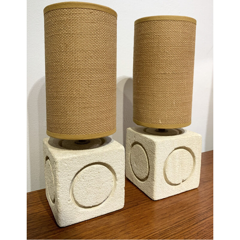 Pair of vintage carved limestone cubic lamps by Albert Tormos, France 1970