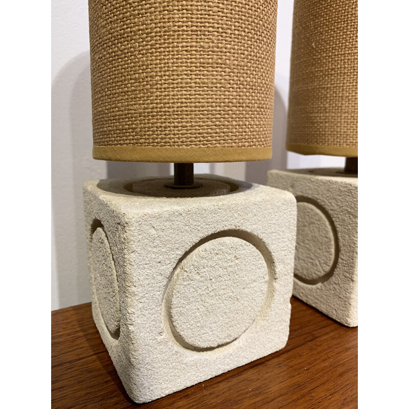 Pair of vintage carved limestone cubic lamps by Albert Tormos, France 1970