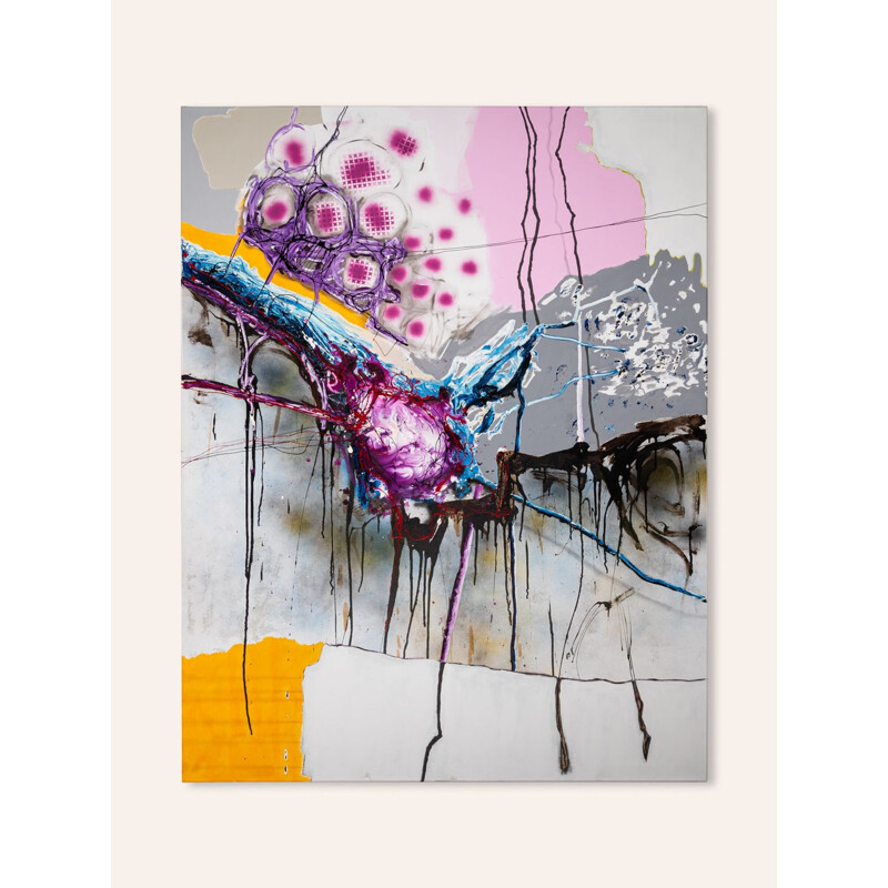 Óleo vintage y pintura en aerosol sobre lienzo "Hueva rosa" de Detlef Hagenbaumer