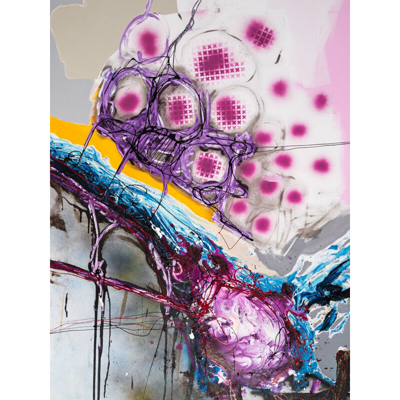 Olio d'epoca e vernice spray su tela "Pink roe" di Detlef Hagenbaumer