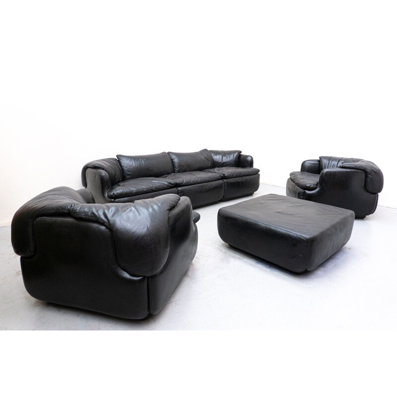 Vintage living room set in black leather by Alberto Rosselli for Saporiti, Italy