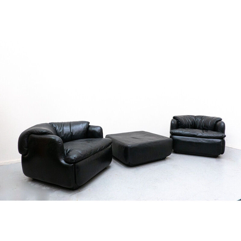 Vintage living room set in black leather by Alberto Rosselli for Saporiti, Italy