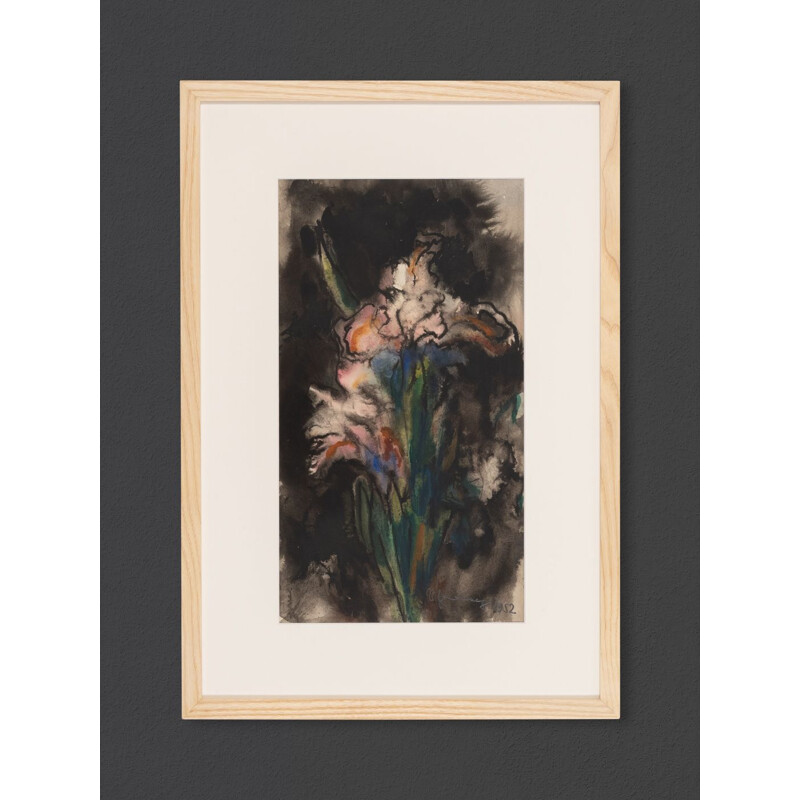 Aquarelle vintage sur papier "Fleur dans l'obscurité"