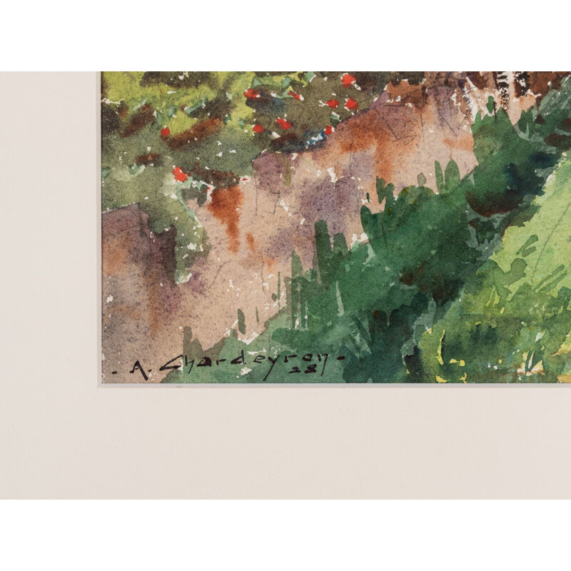 Oude aquarel op papier "Pijnbomen in een veld" door A. Chardeyron, 1928