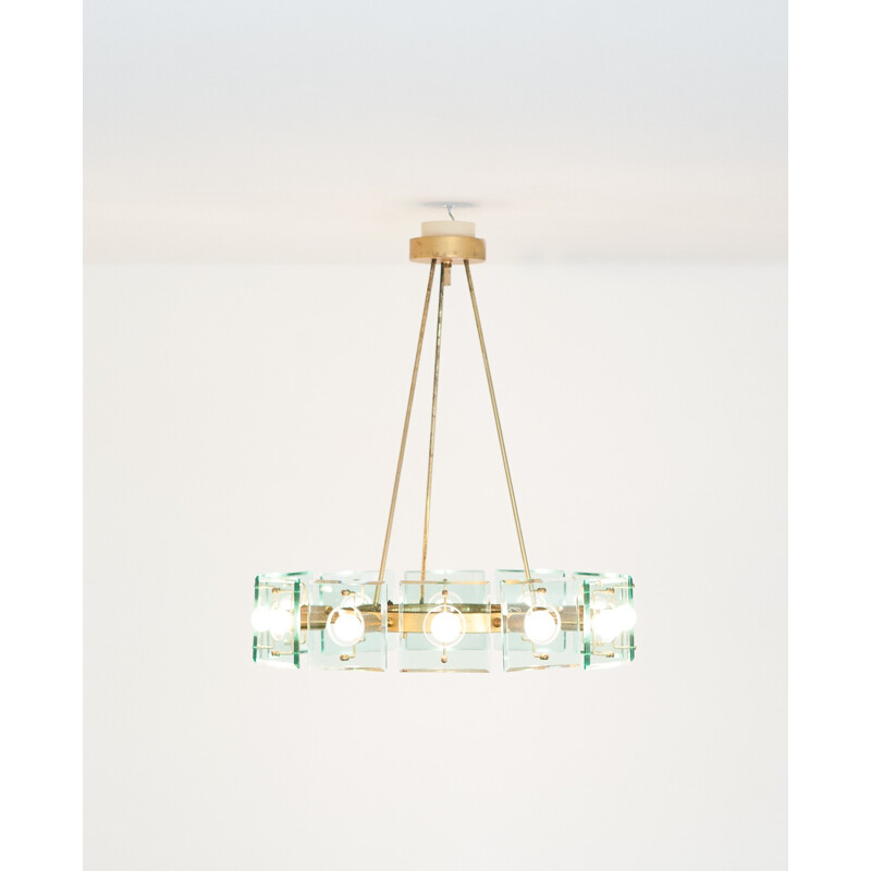 Crystal Arte mid-century italian brass chandelier - 1960s