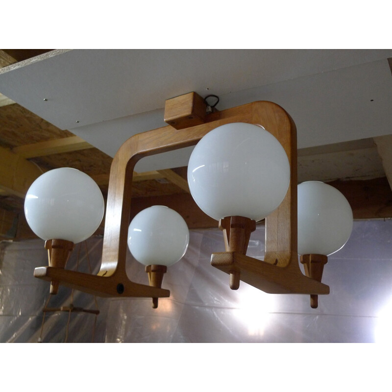 Votre Maison chandelier in oak and opaline, GUILLERME & CHAMBRON - 1960s