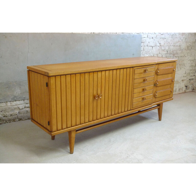 Sideboard in solid oak, GUILLERME et CHAMBRON - 1960s