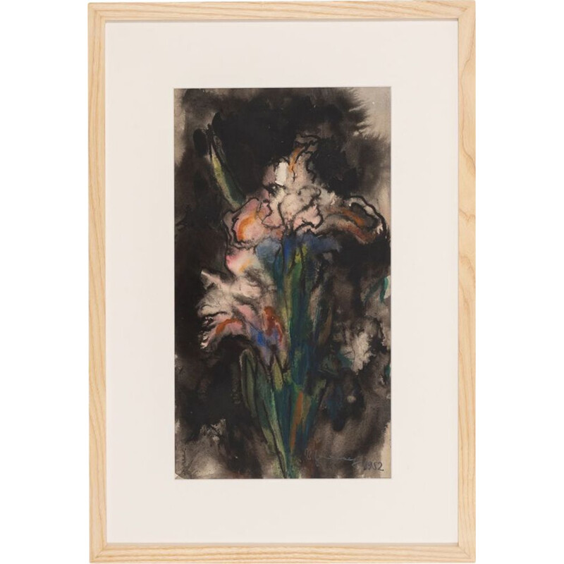 Vintage watercolor on paper "Flower in the dark