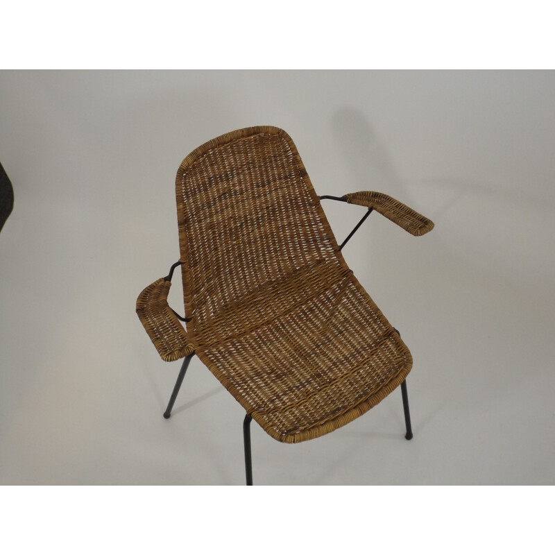 Desk chair with armrests in rattan and metal - 1950s