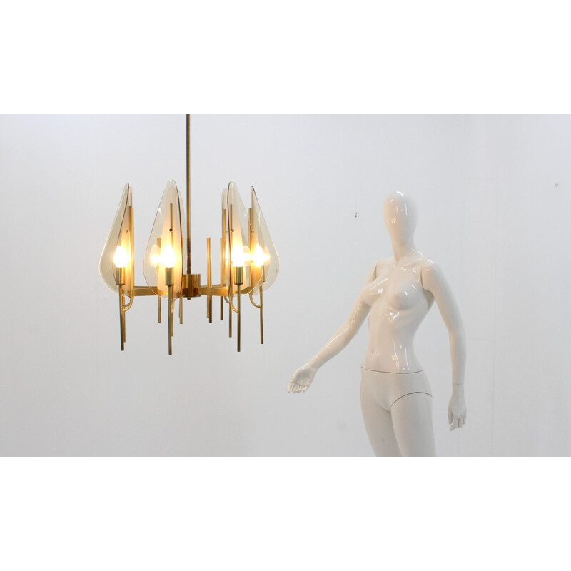 Vintage cristal Art Satin glass chandelier, 1970s