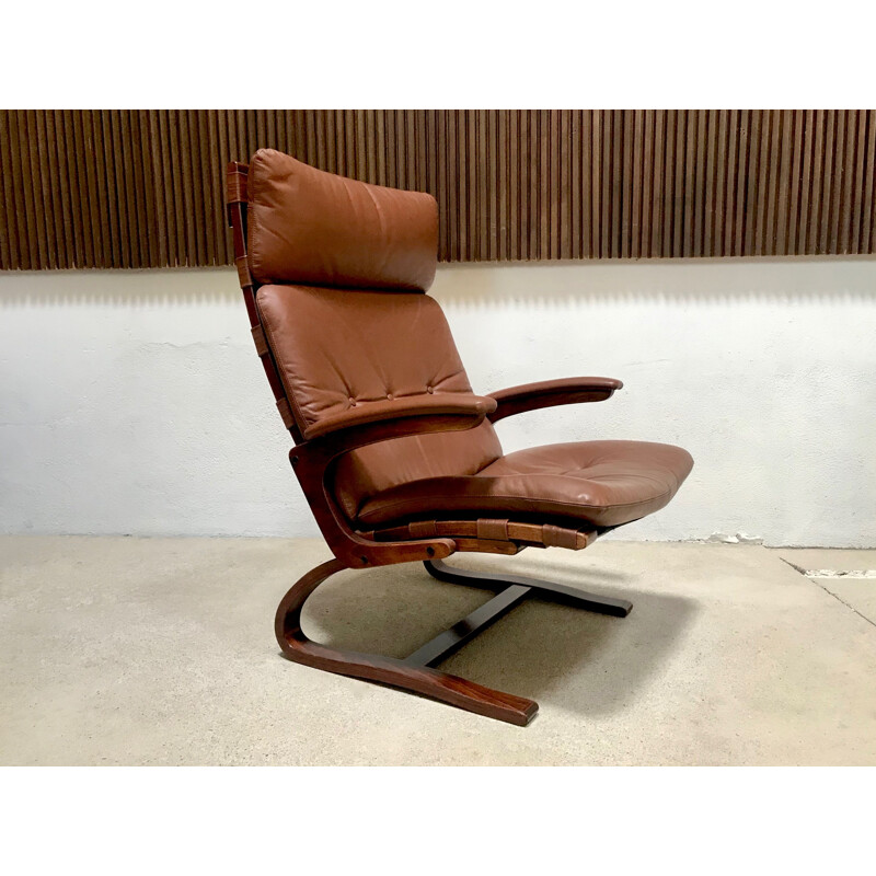 Fauteuil scandinave vintage en cuir par Elsa & Nordahl Solheim pour Rybo Rykken, 1960