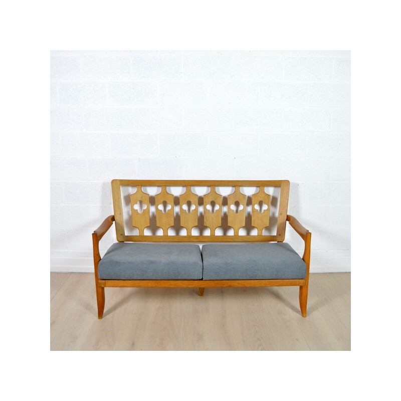 French Votre Maison sofa in oak and grey fabric, GUILLERME & CHAMBRON - 1970s